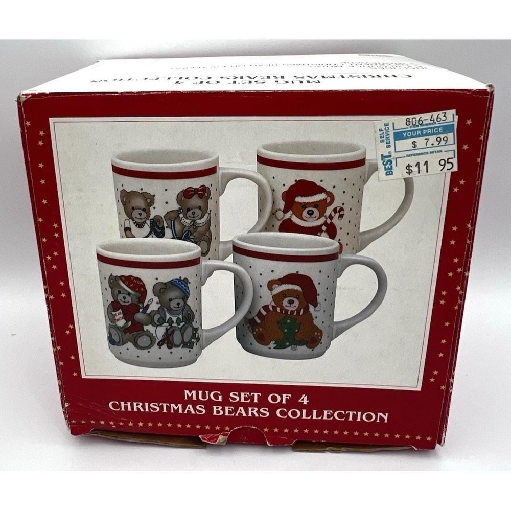 4 Christmas Teddy Bear Stoneware Mugs Cups Boxed All Over Pattern Vintage
